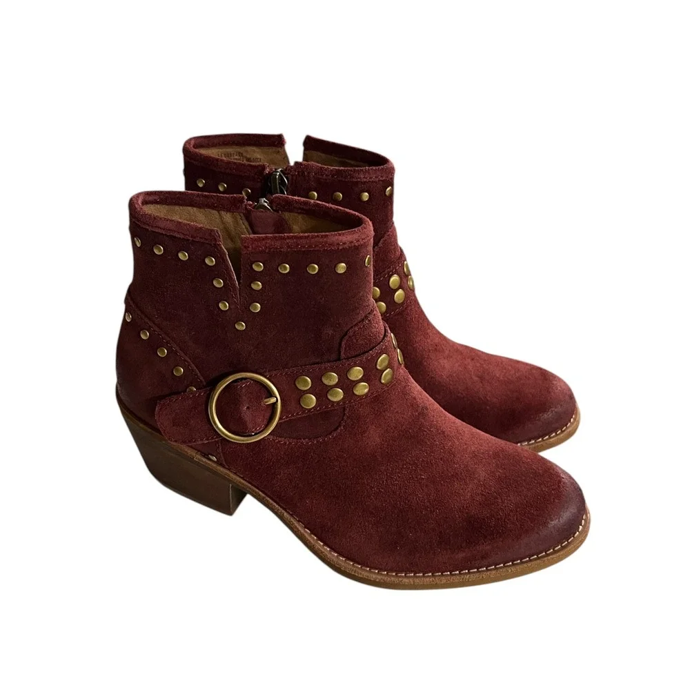 NWOT Sofft Burgundy Suede Studded Western Ankle Boots Buckle Harness 7.5M